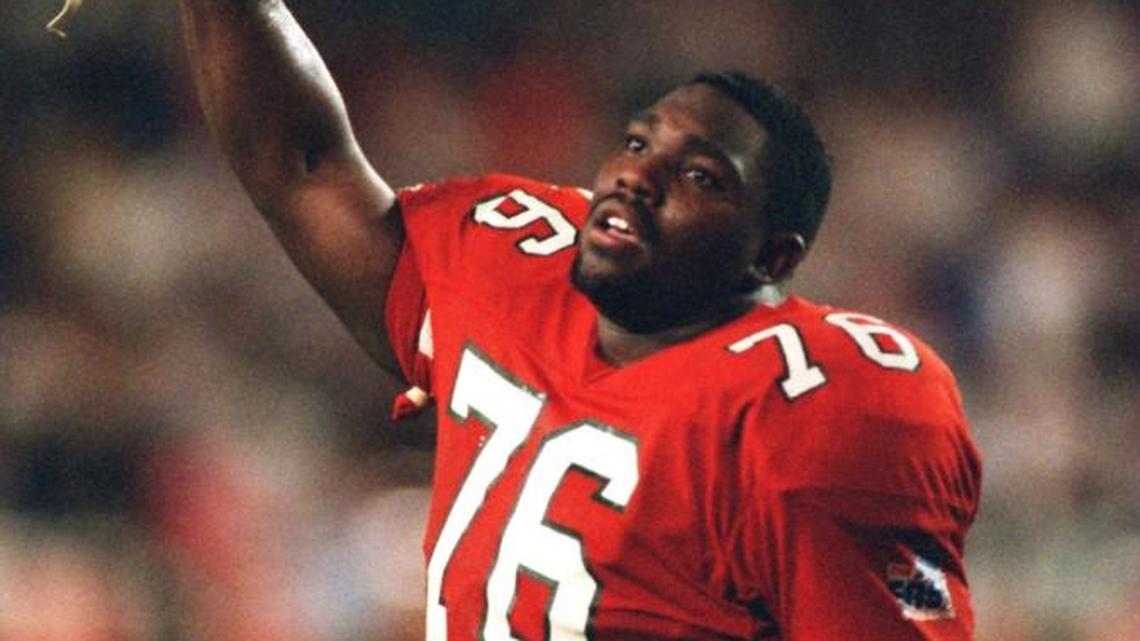 Warren Sapp celebrates a Miami Hurricanes victory at the Orange Bowl during the 1994 season.