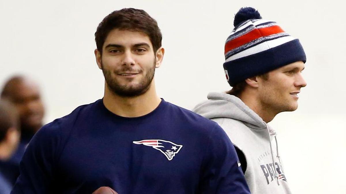 
New England Patriots backup quarterback Jimmy Garoppolo, left, will try to hold the fort during Tom Brady’s suspension. 
