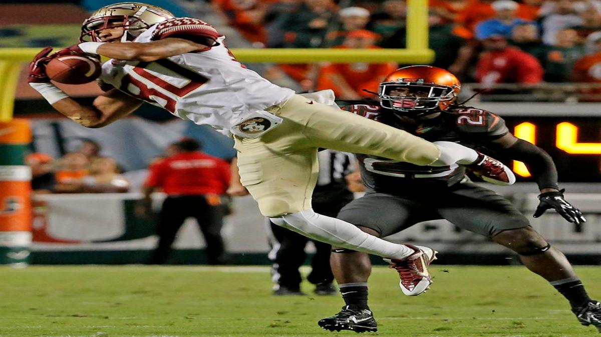 
Florida State Seminoles wide receiver Rashad Greene (80) makes a catch late in the second quarter against the Miami Hurricanes at SunLife Stadium in Miami Gardens on Nov. 15, 2014.
