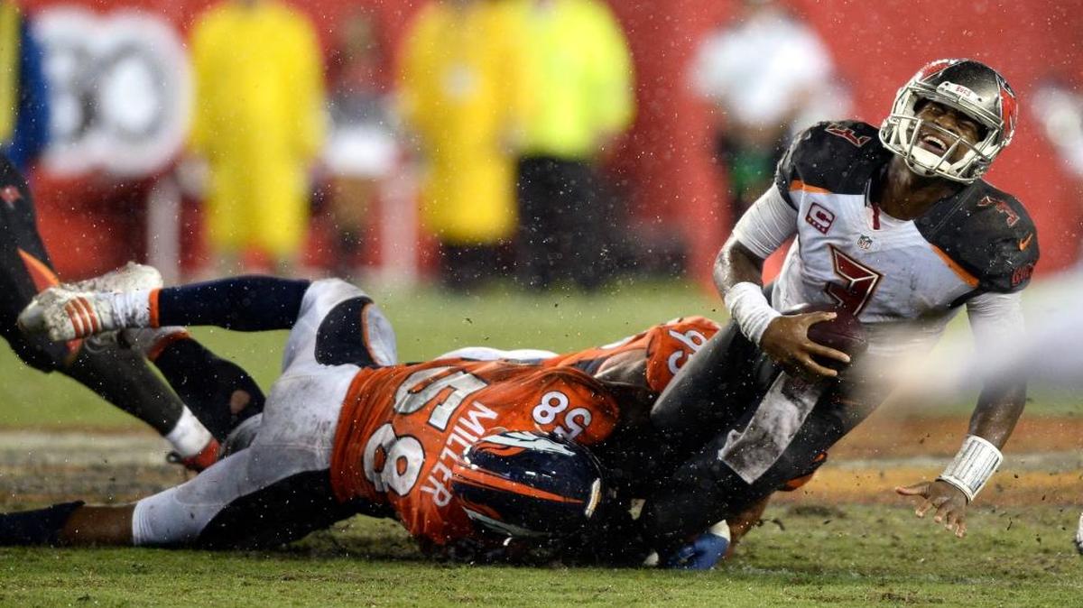 Tampa Bay Buccaneers quarterback Jameis Winston (3) is sacked by Denver Broncos outside linebacker Von Miller (58) during the fourth quarter of an NFL football game in Tampa, Fla.