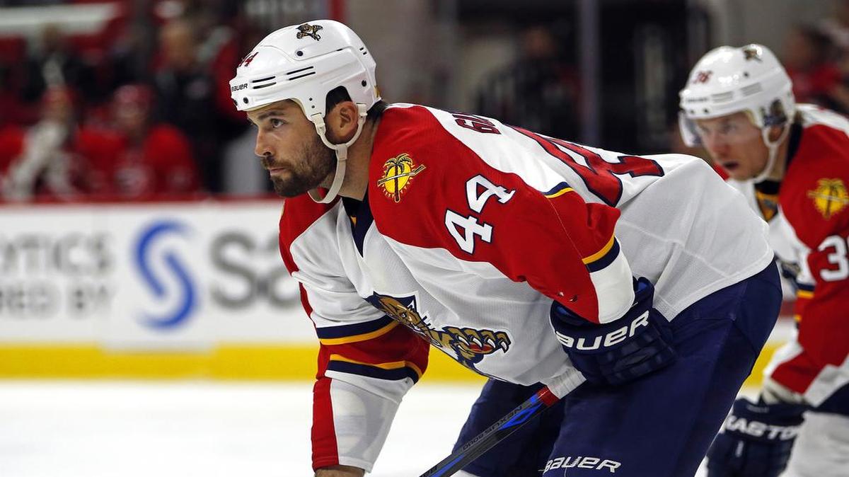 Florida Panthers' Erik Gudbranson (44) waits for a face-off during the second period of an NHL hockey game against the Carolina Hurricanes, Tuesday, Oct. 13, 2015, in Raleigh, N.C.