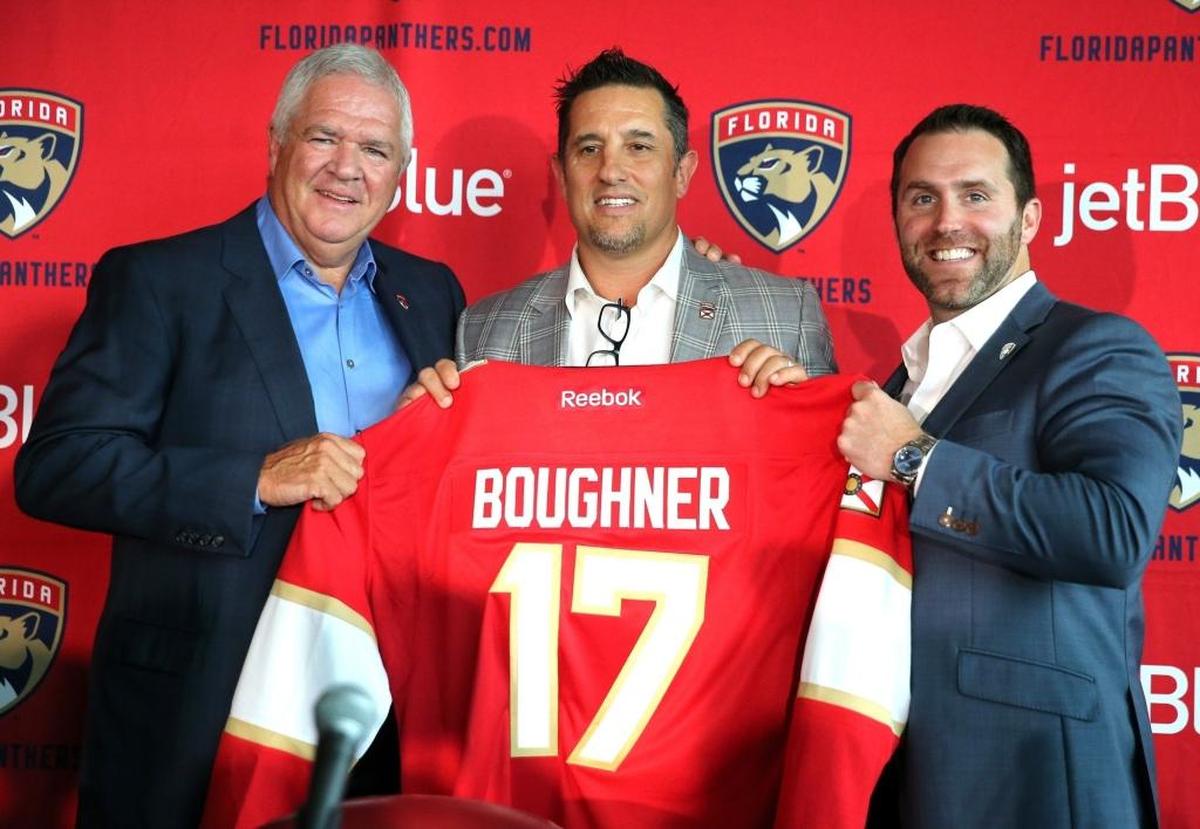 Florida Panthers new coach Bob Boughner with GM Gale Tallon and CEO Matthew Caldwell, the team held a press conference to announce the new coach at the BB&T Center in Sunrise, FL, June 12, 2017.