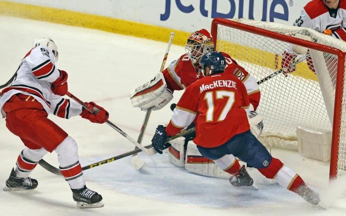 Florida Panthers goalie Reto Berra fails to stop Carolina Hurricanes Jeff Skinner, 53, from scoring the winning goal in the third period at the BB&T Center in Sunrise, Florida, March 21, 2017.