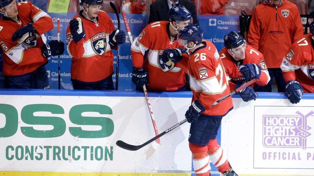 Florida Panthers left wing Thomas Vanek (26) is congratulated by teammates after scoring against the New York Rangers in the second period of an NHL hockey game, Tuesday, March 7, 2017, in Sunrise, Fla. The Rangers won 5-2.