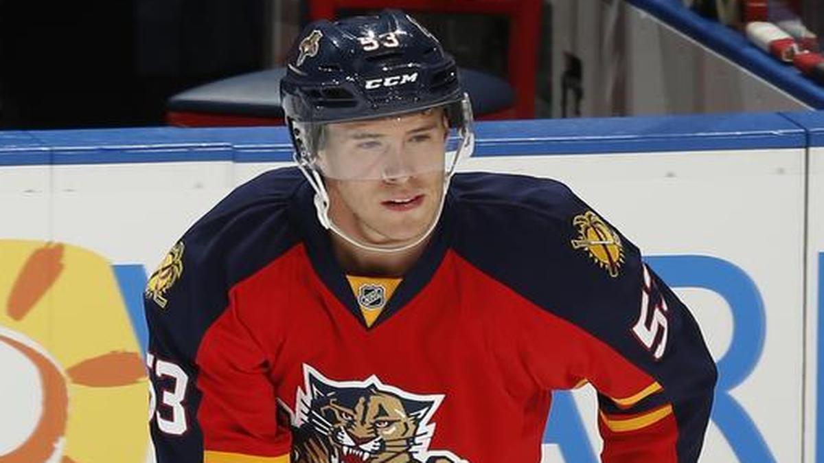 Florida Panthers forward Corban Knight (53) skates prior to an NHL preseason hockey game against the Dallas Stars, Tuesday, Sept. 22, 2015, in Sunrise, Fla. The Panthers defeated the Stars 3-2.