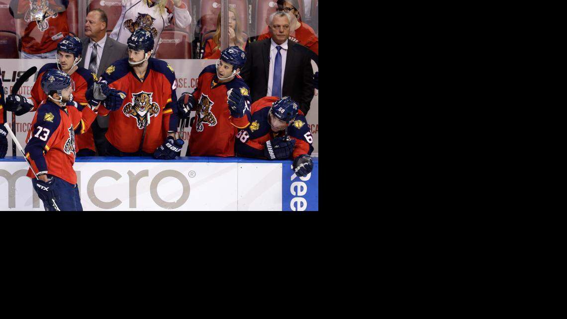 
Coming through: The Panthers’ Brandon Pirri is congratulated after scoring the game-winning goal against the Boston Bruins in a shootout Saturday. 

