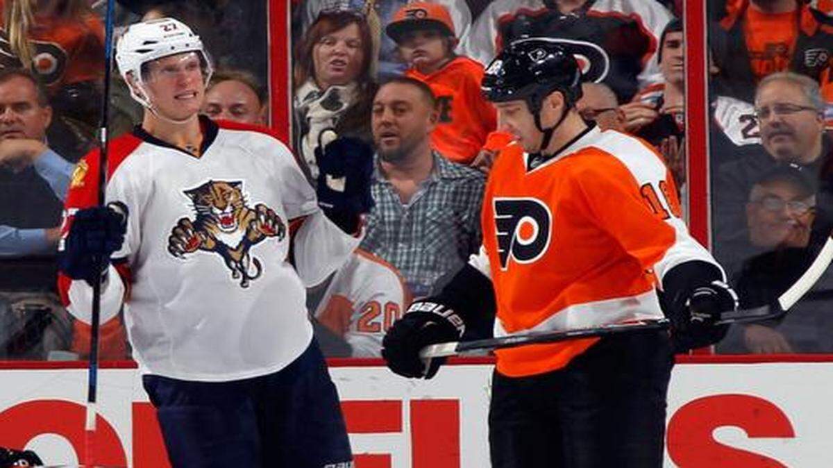 
Nick Bjugstad of the Florida Panthers celebrates his first goal of the season in the second period against the host Philadelphia Flyers on Nov. 6, 2014.
