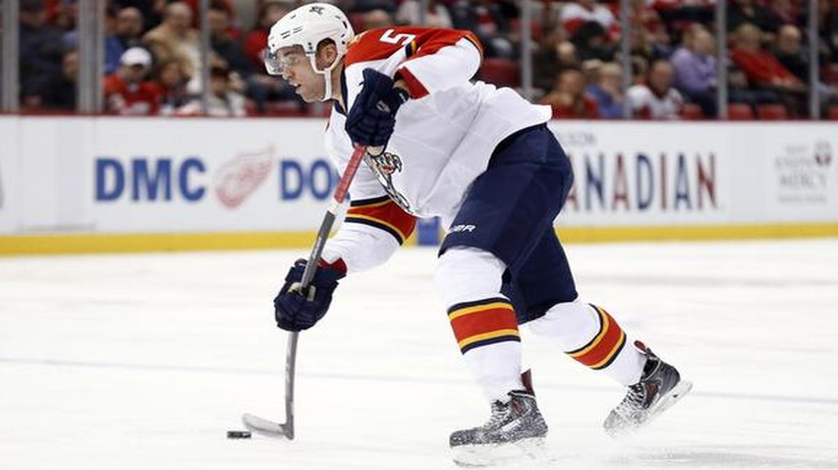 
Florida Panthers defenseman Aaron Ekblad shoots against the Detroit Red Wings in Detroit on Tuesday, Dec. 2, 2014. 

