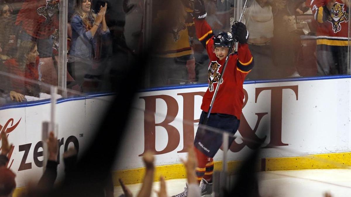 Florida center Sasha Barkov celebrates a playoff goal against the Islanders last April.