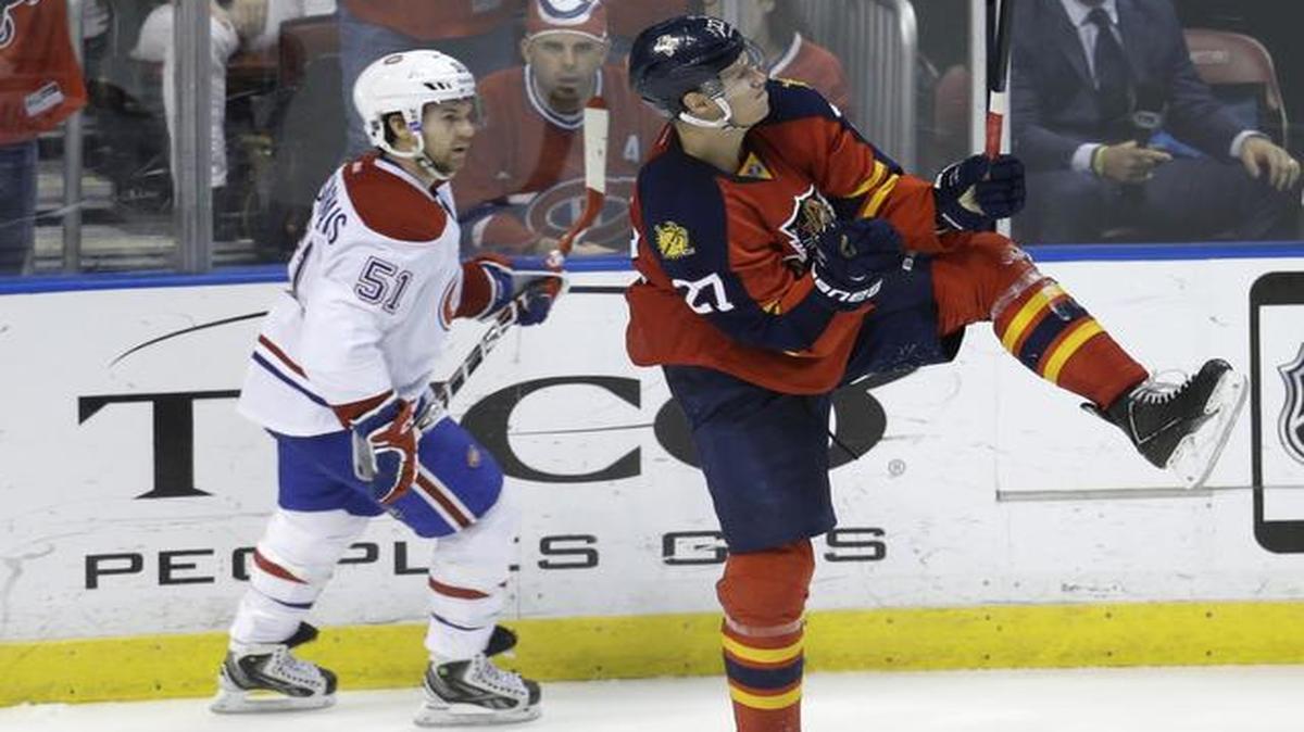 
Florida Panthers center Nick Bjugstad (27) reacts after scoring a goal to tie the NHL hockey game during the third period against the Montreal Canadiens, Tuesday, Dec. 30, 2014, in Sunrise, Fla. The Canadiens won 2-1 in a shootout. 
