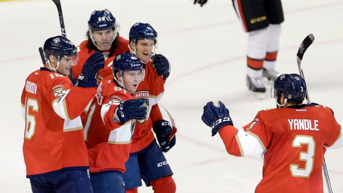 Keith Yandle celebrates with his Florida teammates after Jonathan Marchessault (81) scored in the first period of Sunday’s loss tot he Ottawa Senators.