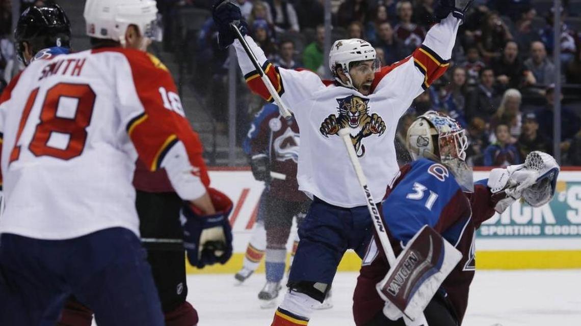 Vincent Trocheck celebrates a Florida goal at Colorado on March 3.