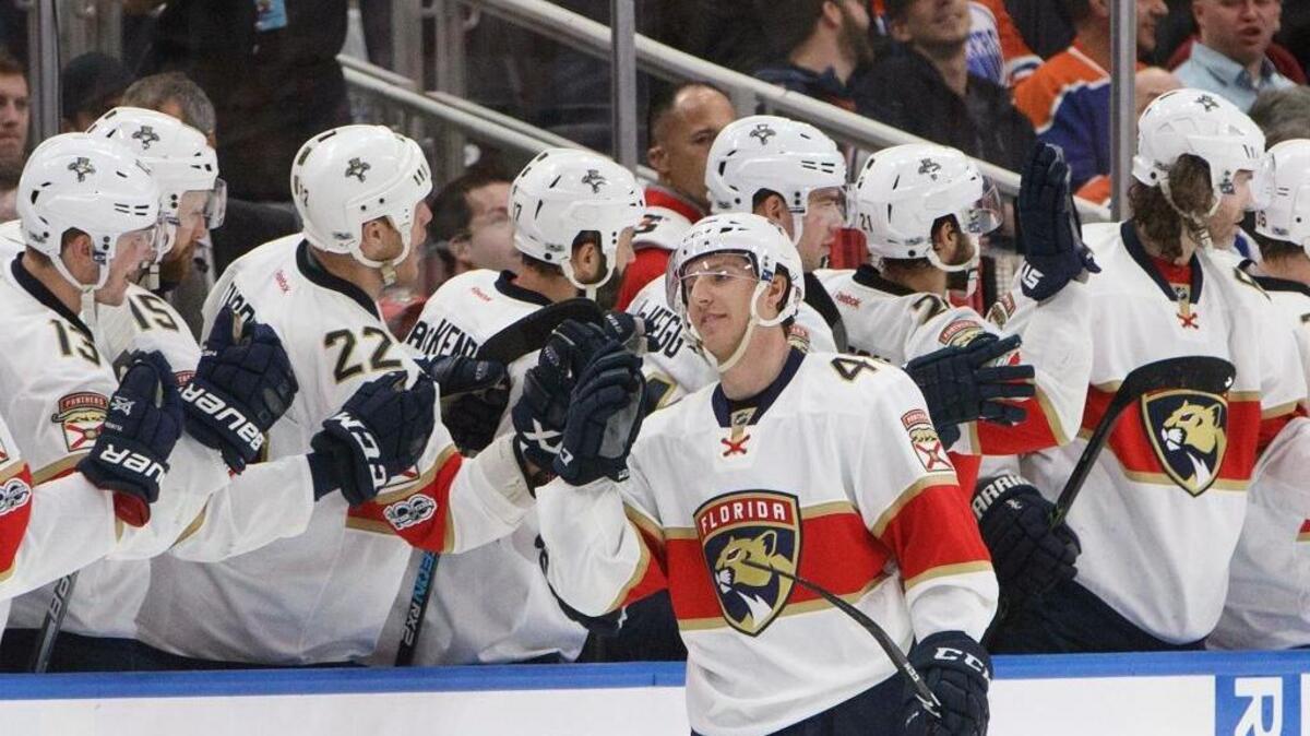 Florida’s Michael Sgarbossa celebrates his first NHL goal at Edmonton last week.