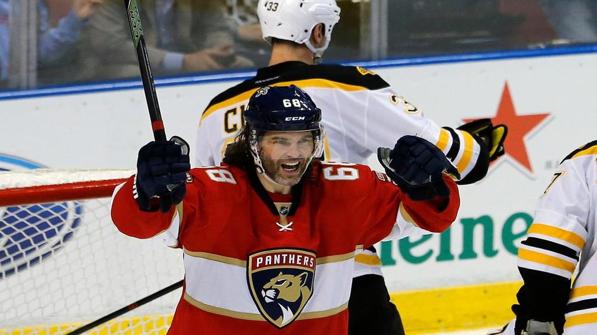 Jaromir Jagr celebrates Florida’s third period goal on Thursday in which he notched an assist — giving him 1,888 career points which puts him in sole possession of second place on the NHL’s all-time list.