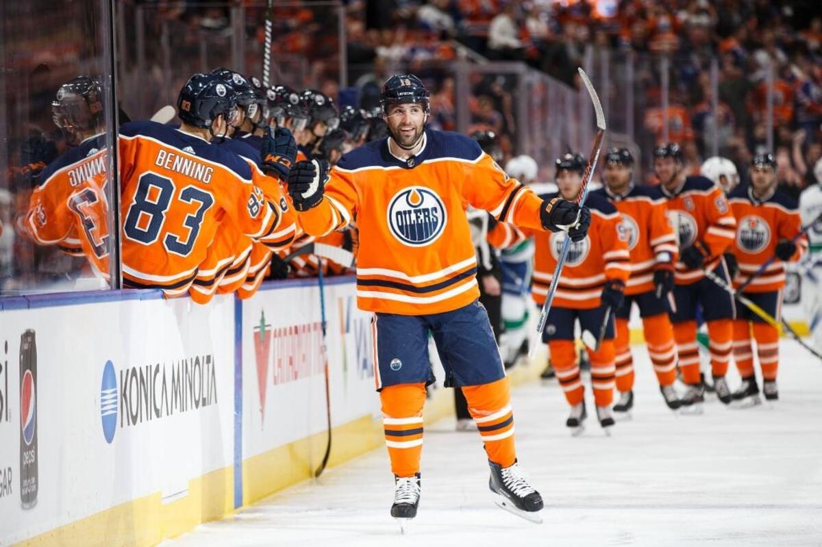 Patrick Maroon #19 of the Edmonton Oilers celebrates a goal against the Vancouver Canucks on Jan. 20, 2018, in Edmonton, Canada.
