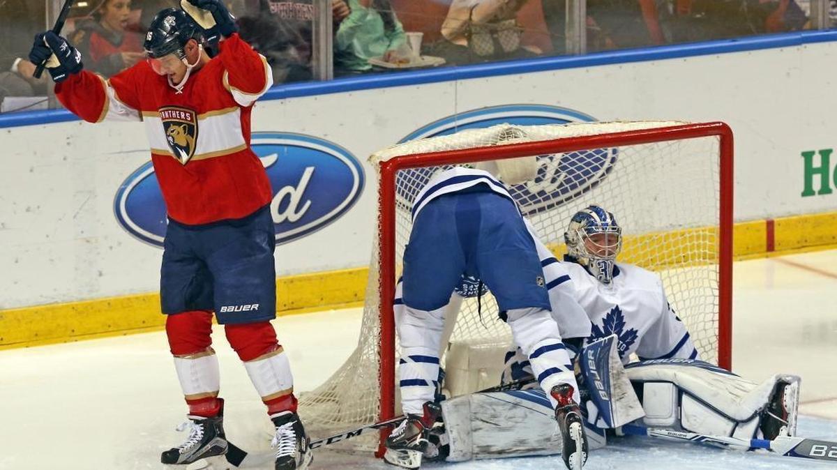 The Panthers’ Sasha Barkov celebrates after scoring on Maple Leafs goalie Fredrick Andersen in the first 18 seconds of the first period at BB&T Center. The Panthers tied a season high with their seven goals against Toronto.