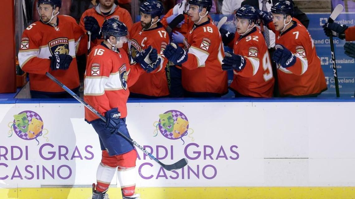 Florida’s Sasha Barkov is congratulated by teammates after scoring against Vancouver earlier this month.