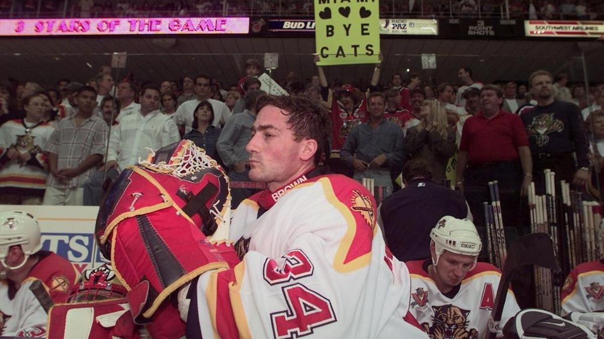 Panthers goalie John Vanbiesbrouck is shown during a game against the Philadelphia Flyers on April 16, 1998 at Miami Arena.