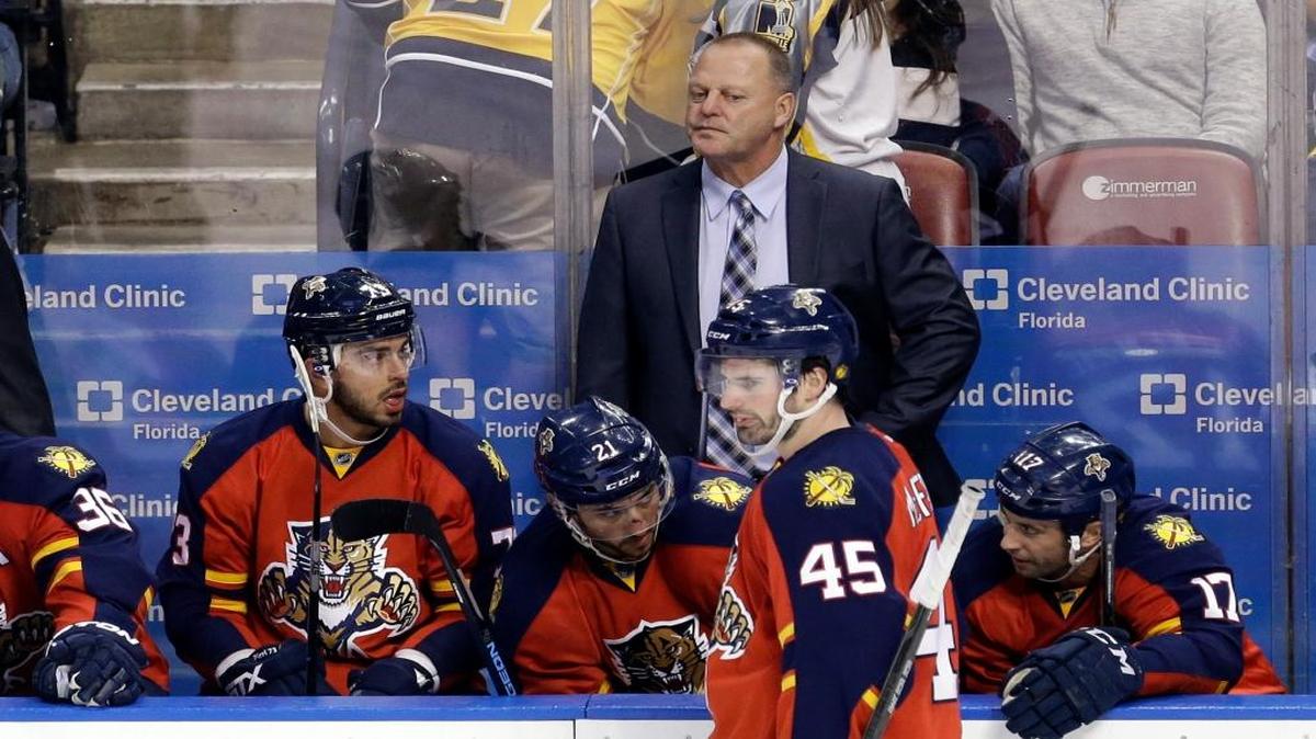 Florida Panthers head coach Gerard Gallant looks on during a timeout in the third period of an NHL hockey game against the Nashville Predators, Saturday, Feb. 13, 2016, in Sunrise, Fla. The Predators won 5-0.