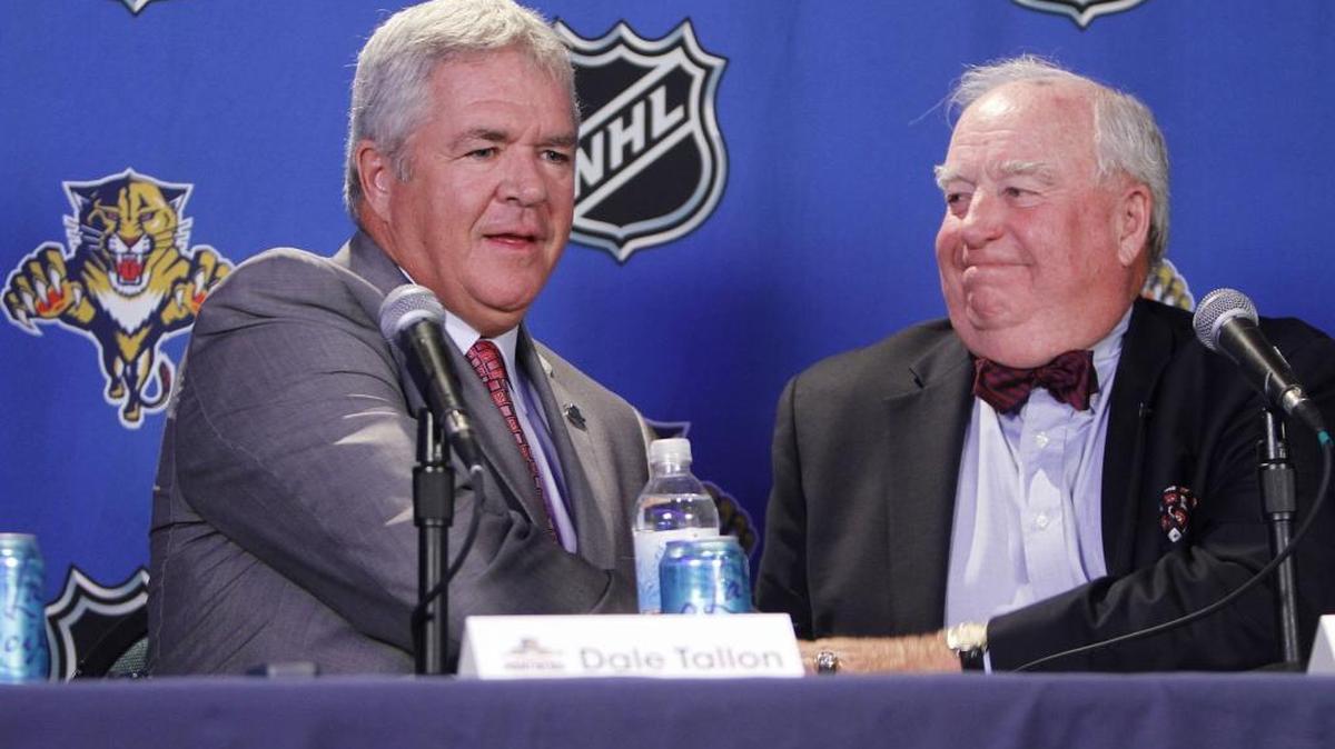 Bill Torrey, right, welcomes Dale Tallon to the Florida Panthers on May 18, 2010 where Tallon was named as the new General Manager. Tallon, named president of hockey operations last spring, is back as GM as of Monday.