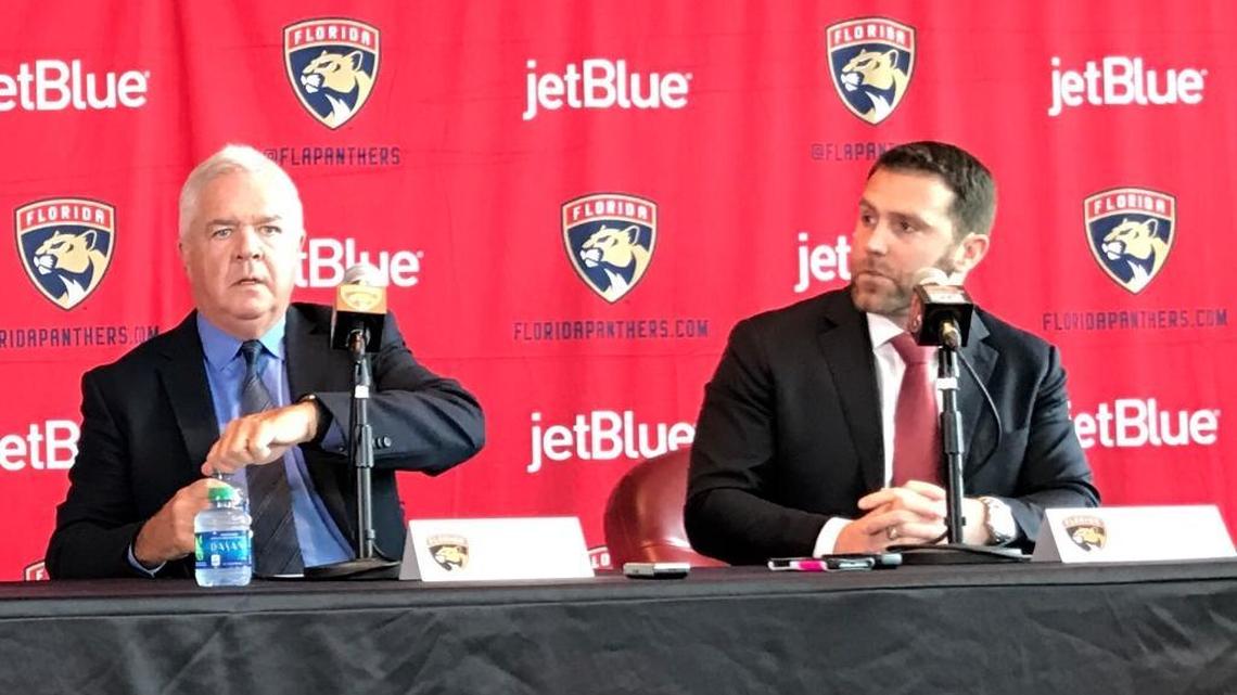 Dale Tallon, left, and Matthew Caldwell meet the media at BB&T Center in Sunrise on Monday afternoon.