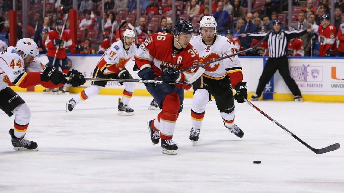 Florida left wing Jussi Jokinen goes for the puck against Calgary last season.