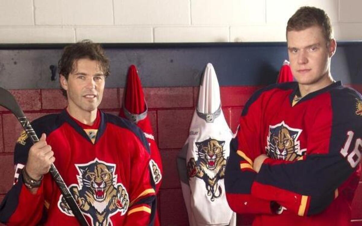 
Jaromir Jagr, left, Jonathan Huberdeau, front, and Alexander Barkov developed chemistry during their time on the same line together last season, and are hoping to build on that this season.

