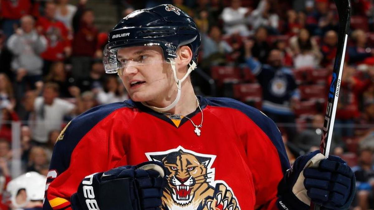 Florida Panthers forward Aleksander Barkov (16) celebrates after scoring a goal during the first period of an NHL hockey game against the Columbus Blue Jackets, Sunday, Dec. 27, 2015, in Sunrise, Fla.