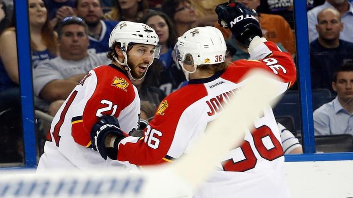 The Panthers’ Vincent Trocheck celebrates his goal against the Lightning with Jussi Jokinen during Florida’s victory on Saturday night. Trocheck has 25 goals this season.