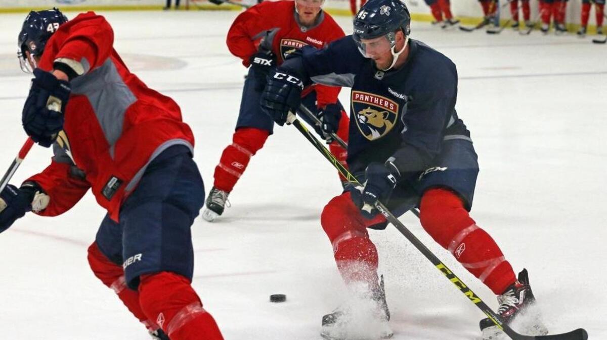 Ian McCoshen fights for the puck during training at the Florida Panthers rookie camp in Coral Springs on SSeptember 16, 2016.