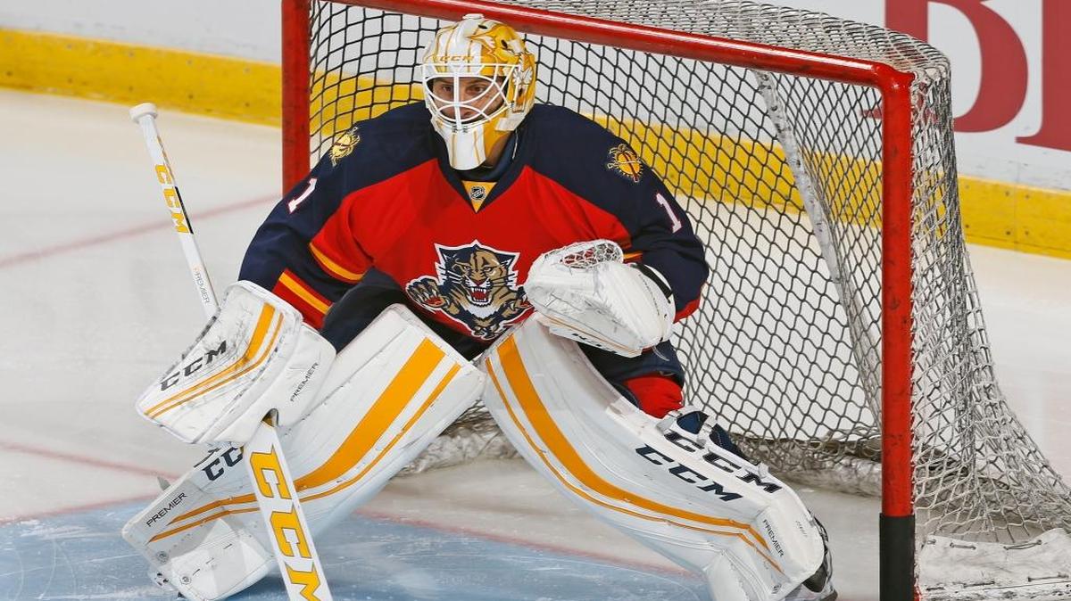 Florida Panthers goaltender Roberto Luongo (1) warms prior to an NHL hockey game against the New York Rangers, Saturday, Jan. 2, 2016, in Sunrise, Fla.
