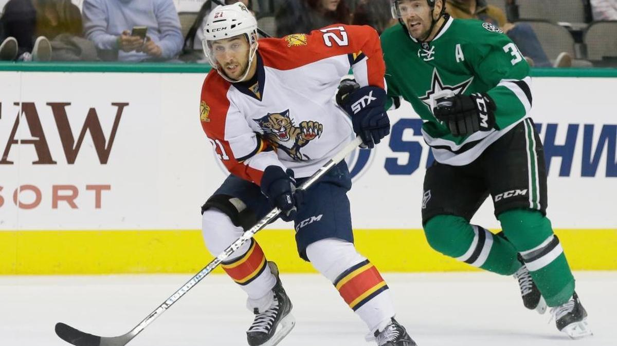 Florida Panthers center Vincent Trocheck kates with the puck past Dallas Stars center Vernon Fiddler (38) during the first period Saturday, Oct. 24, 2015, in Dallas.