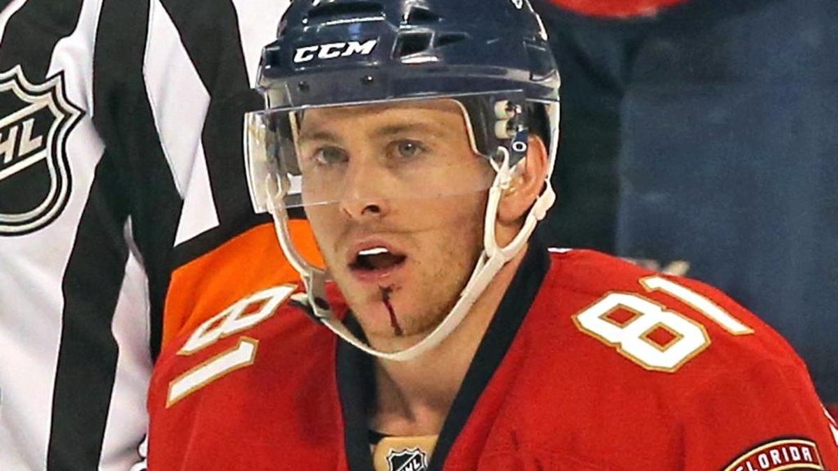 Florida’s Jonathan Marchessault is a little bloody after fighting Toronto’s James van Riemsdyk on March 14.