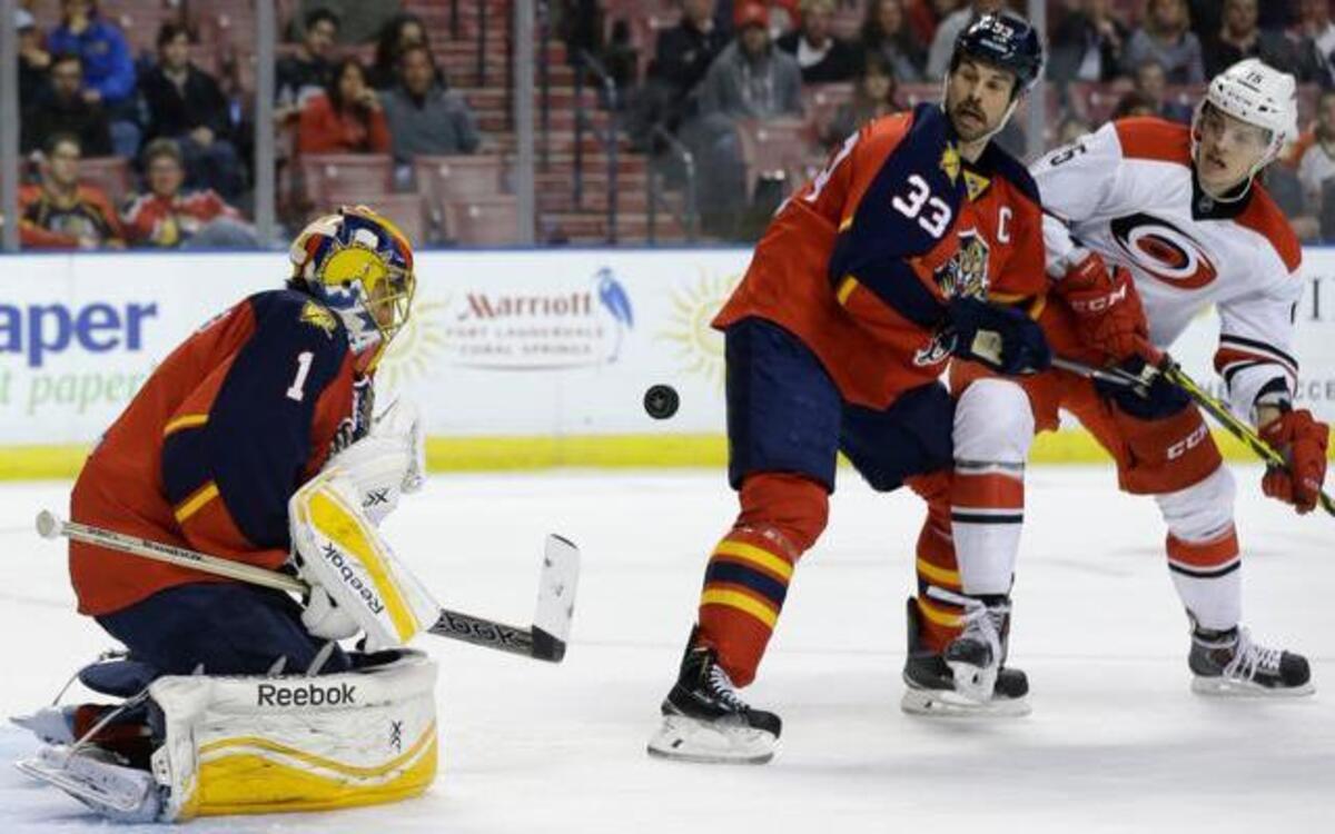 
Florida Panthers goalie Roberto Luongo (1) deflects the puck as defenseman Willie Mitchell (33) and Carolina Hurricanes right wing Andrej Nestrasil (15) look on in the first period of an NHL hockey game, Wednesday, Nov. 26, 2014, in Sunrise, Fla. 
