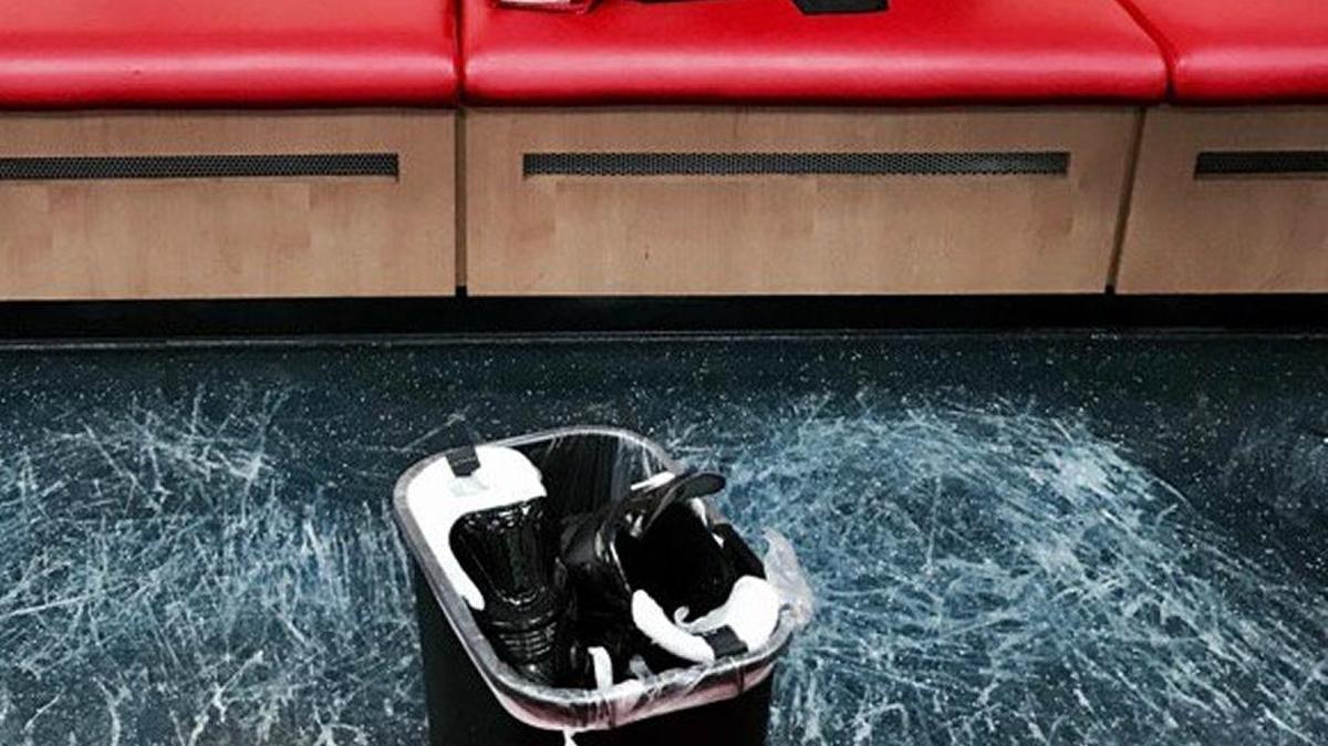 Shawn Thornton’s skates sit in a garbage can following his final NHL game at BB&T Center on April 8.