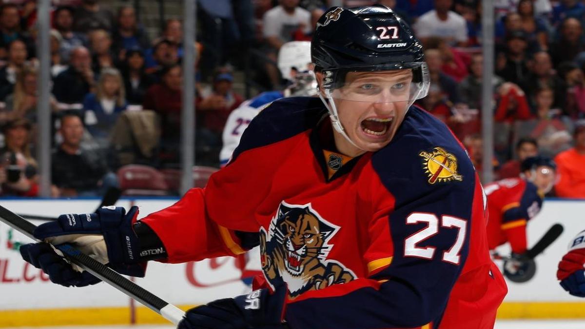 Florida Panthers forward Nick Bjugstad (27) skates after a loose puck against the New York Rangers during the first period of an NHL hockey game, Saturday, Nov. 21, 2015, in Sunrise, Fla. The Rangers defeated the Panthers 5-4 in overtime.