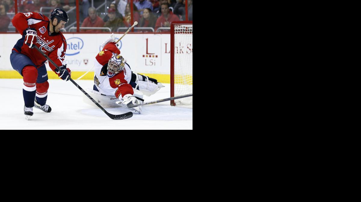 
Washington Capitals left wing Jason Chimera (25) prepares to shoot on Florida Panthers goalie Al Montoya (35) during the first period of an NHL hockey game, Saturday, Oct. 18, 2014, in Washington. Chimera scored a goal on the play. 
