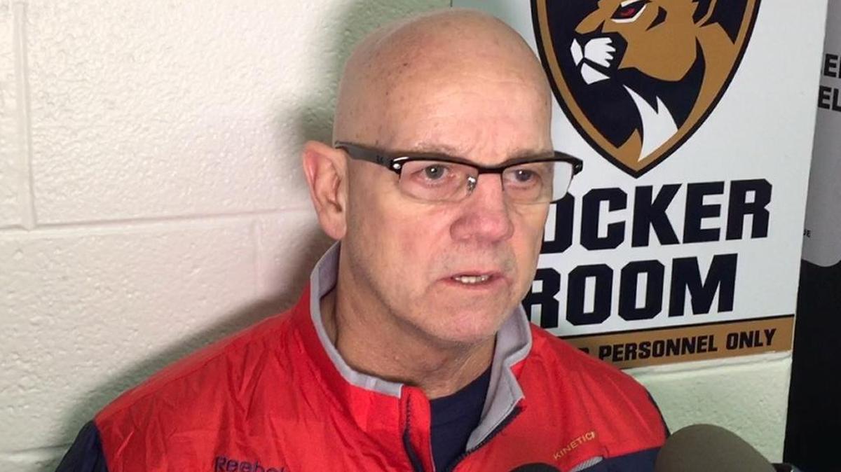 Florida Panthers GM and interim head coach Tom Rowe speaks after his first morning skate Tuesday at Chicago’s United Center.