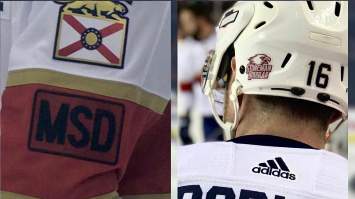 The Florida Panthers wore jersey patches and helmet decals in their game on Saturday, Feb. 17, 2018, to honor those impacted by the school shooting at Parkland’s Marjory Stoneman Douglas High.