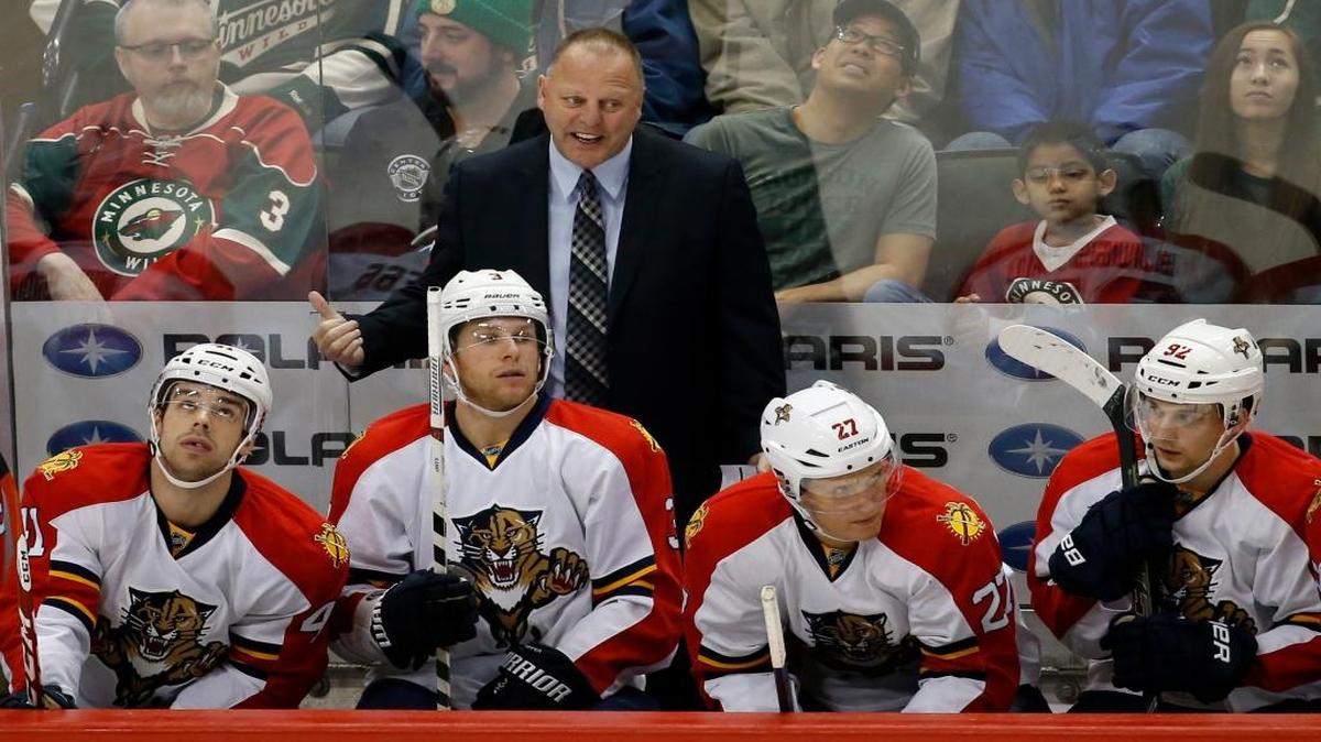 Florida Panthers head coach Gerard Gallant gestures during the first period of an NHL hockey game against the Minnesota Wild in St. Paul, Minn., Sunday, Feb. 28, 2016.