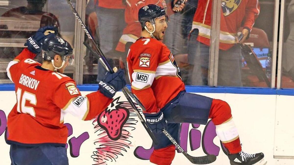 Florida Panthers Colton Sceviour (7) celebrates the winning goal in the third period as they play the Nashville Predators on Sunrise, Florida, April 3, 2018.
