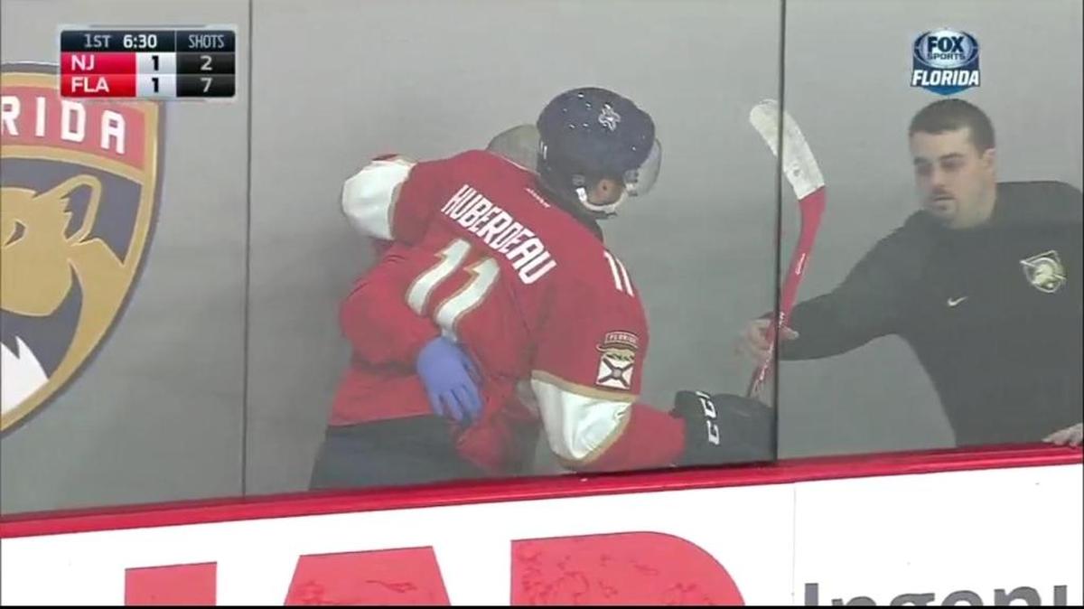 Jonathan Huberdeau struggles to leave the ice and head to the Panthers locker room in West Point after being hurt Saturday night.