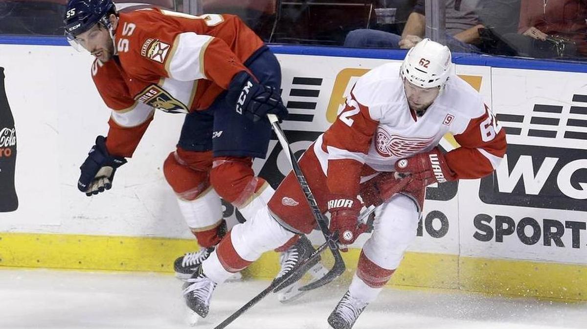 Florida defenseman Jason Demers battles Detroit winger Thomas Vanek in the first period on Saturday.