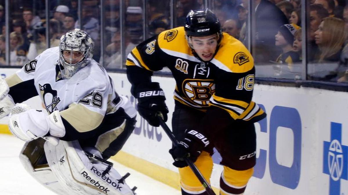 
Boston Bruins right wing Reilly Smith (18) chases the puck into the corner after Pittsburgh Penguins goalie Marc-Andre Fleury (29) came out to clear it Monday, Nov. 25, 2013 in Boston.
