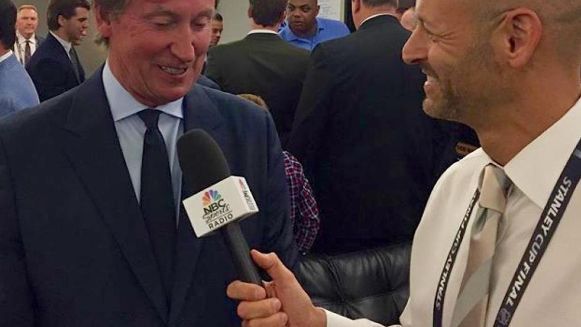 Florida Panthers broadcaster Steve Goldstein interviews hockey legend Wayne Gretzky for Westwood One/NBC Sports Radio at Game 4 of the 2017 Stanley Cup Finals in Nashville.