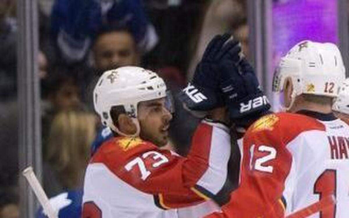 
On a roll: Brandon Pirri, left, is congratulated after scoring in the second period, his first of two goals against Toronto on Thursday night. 
