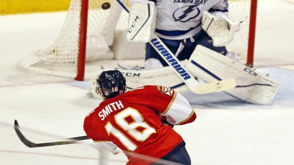 Florida Panthers Reilly Smith scores the Cats second goal in the third period as they play the Tampa Bay Lighting at the BB&T Center in Sunrise, Florida on Mon., Nov. 7, 2016.