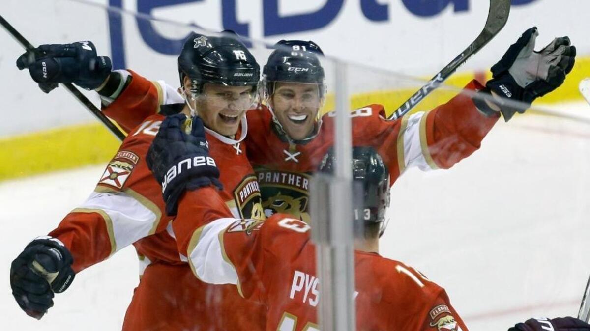 Florida Panthers center Aleksander Barkov (16) is congratulated by teammates Jonathan Marchessault (81) and Mark Pysyk (13) after scoring the third goal against the Detroit Red Wings during the third period of an NHL hockey game, Saturday, Oct. 15, 2016, in Sunrise, Fla.