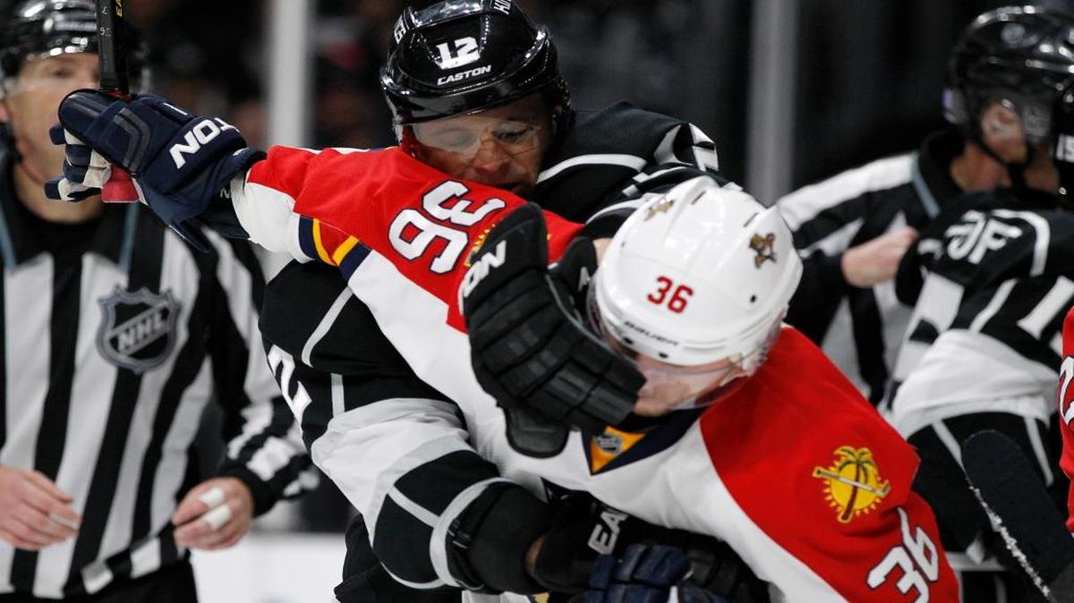 Los Angeles Kings right wing Marian Gaborik (12), of Slovakia, struggles against Florida Panthers left wing Jussi Jokinen (36), of Finland during the second period of an NHL hockey game in Los Angeles, Saturday, Nov. 7, 2015.