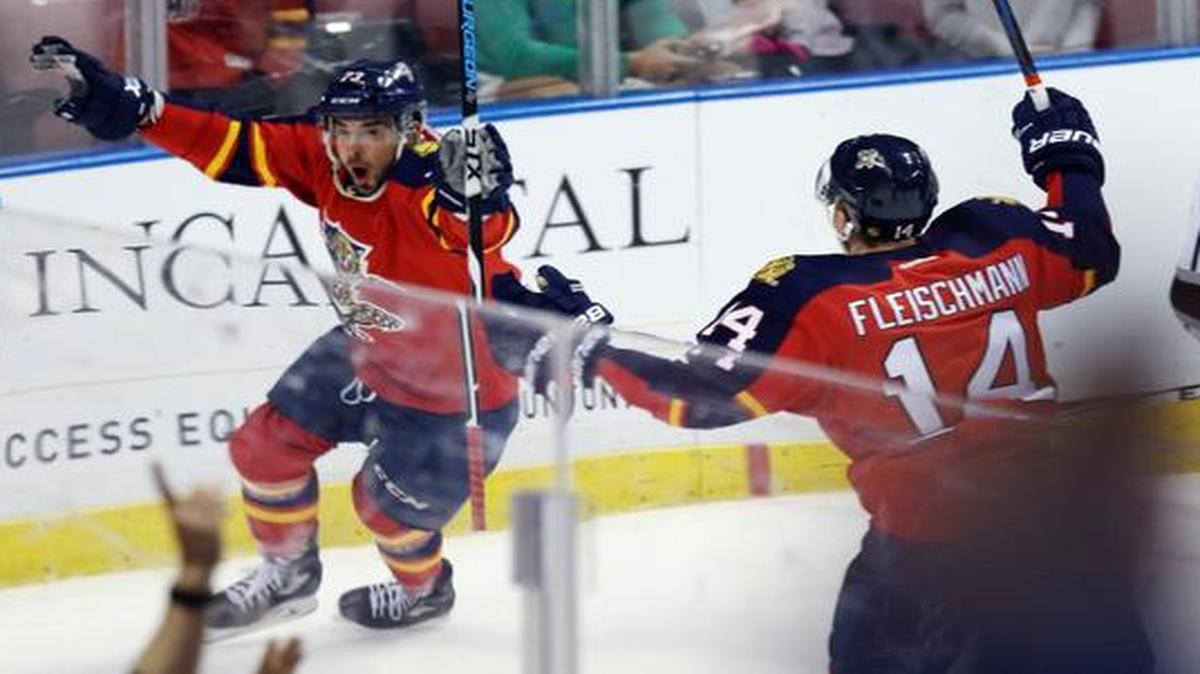 
Fired up: Tomas Fleischmann celebrates Brandon Pirri’s goal. 
